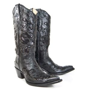 Corrall Black Leather with Sequin Inlay Cowboy Boots Size 7